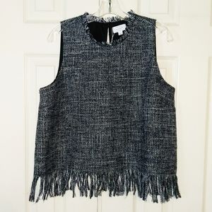 NWT mudpie Navy & Cream Sleeveless Top w/Fringe Hem Size L